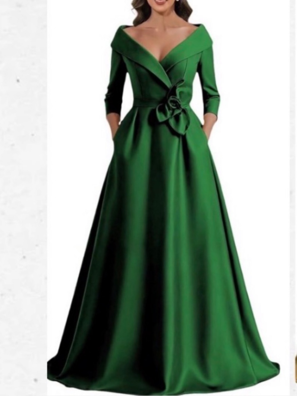 Emerald Green Satin Dress Long Sleeve A Line Formal Evening Gown